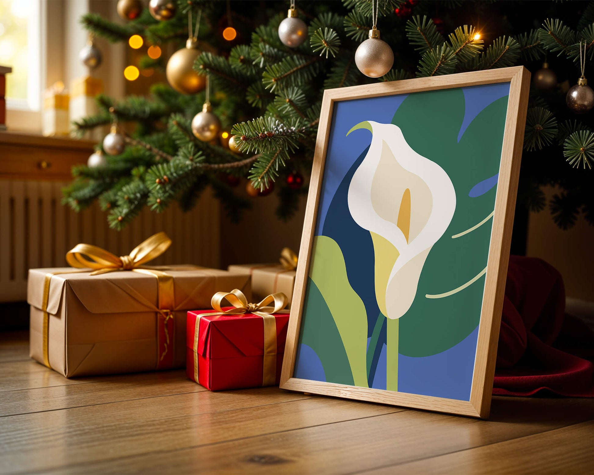 Ilustración floral abstracta con fondo verde y azul