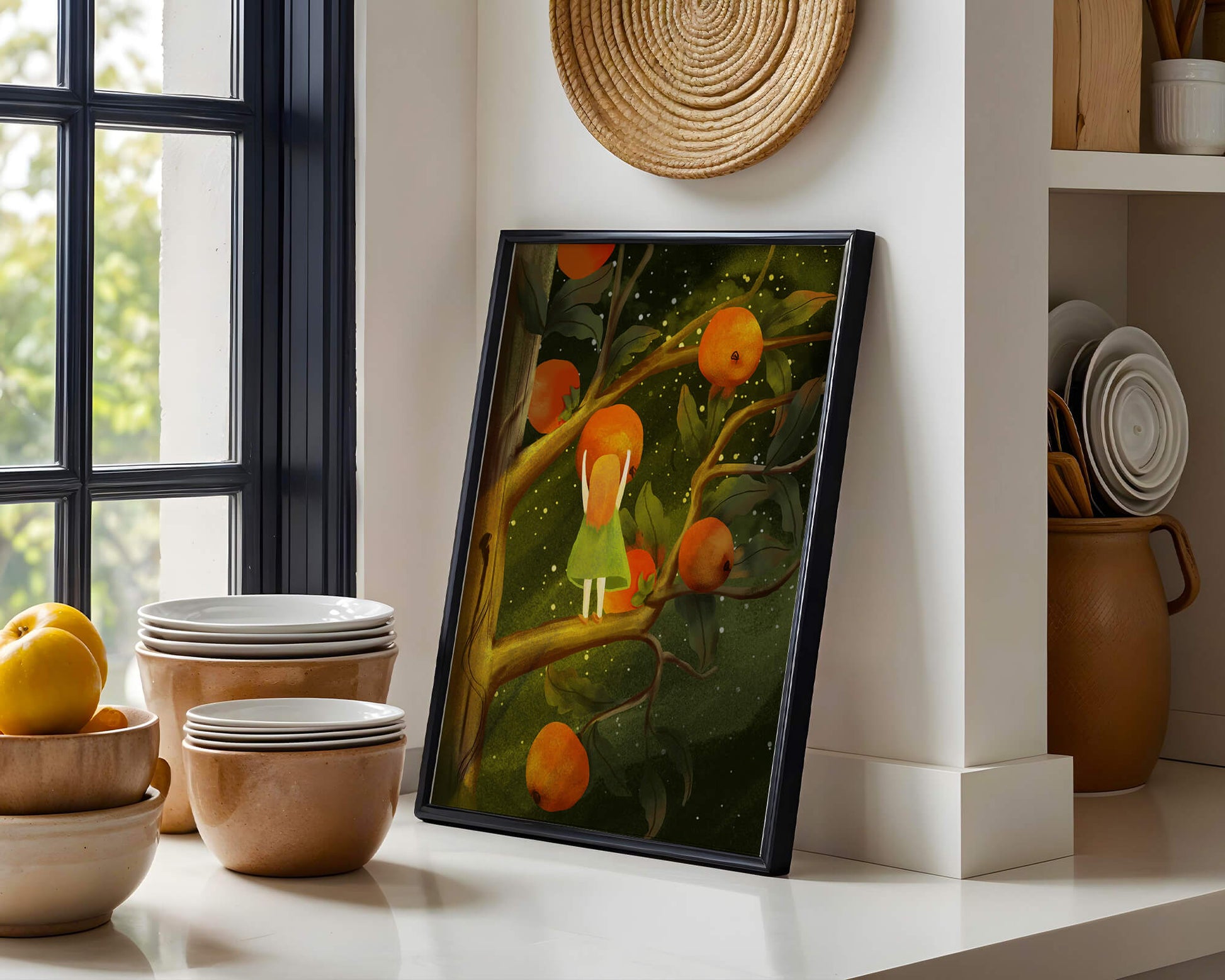 Little Girl Picking Oranges on a Starry Night
