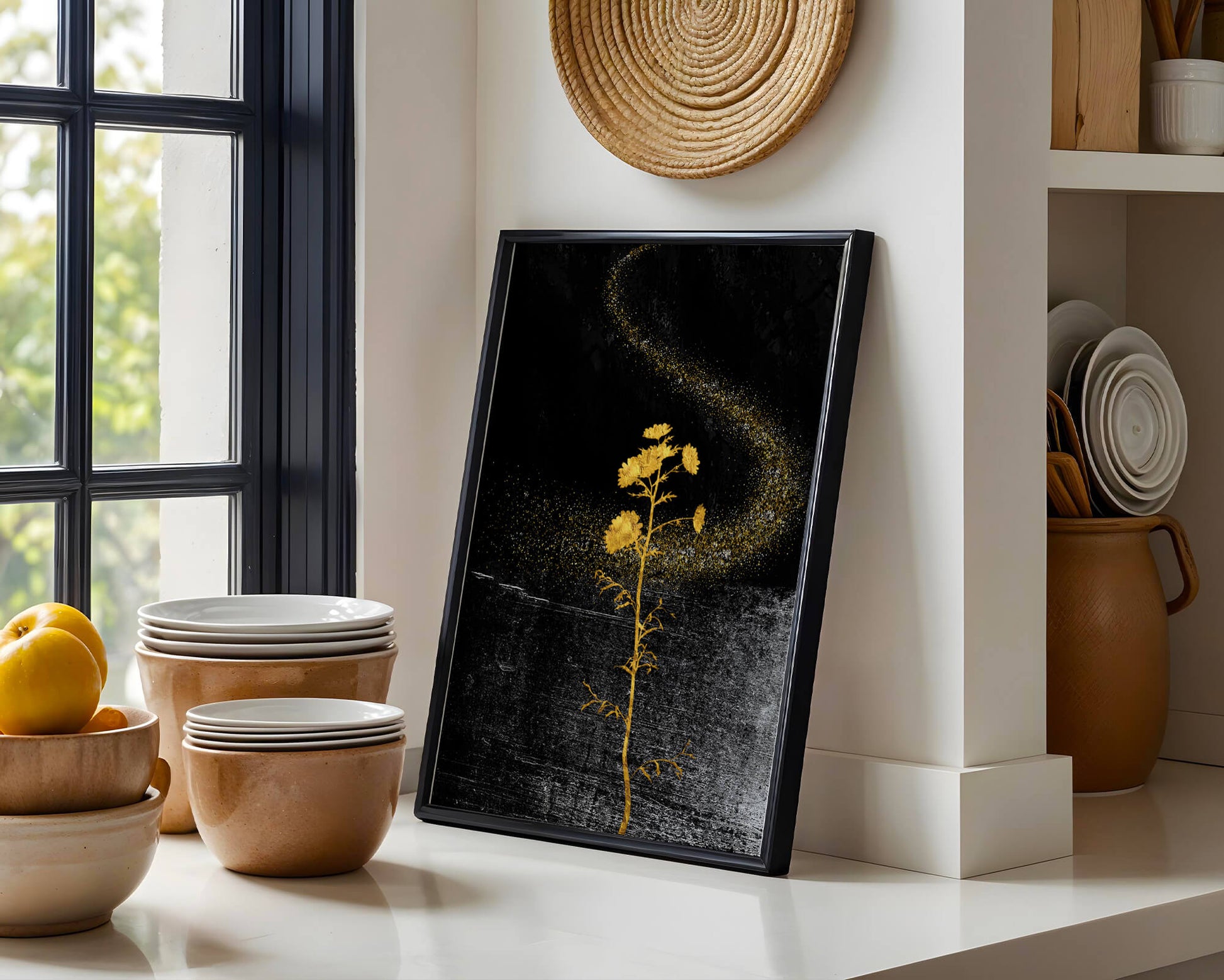 Golden Flowers on Black Background with Sparkling Dust