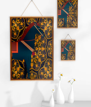 Stilisierte Pferdeillustration auf kompliziertem goldenem Musterhintergrund