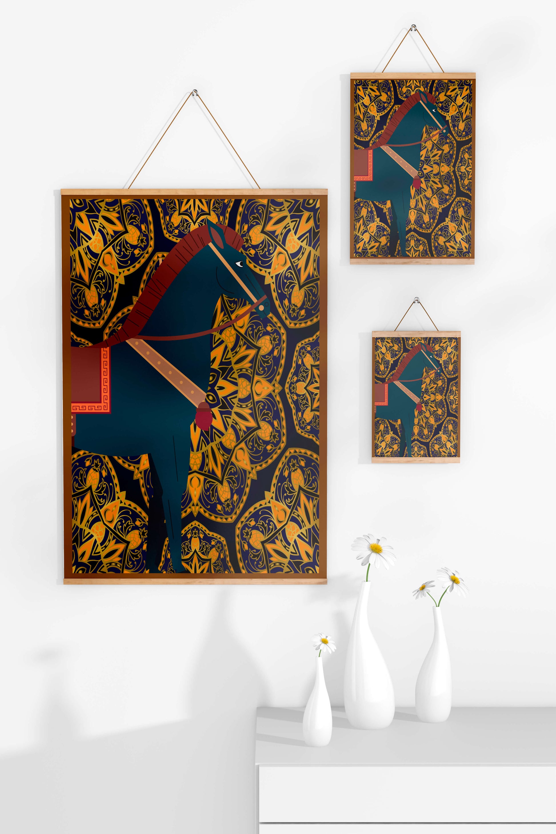 Stylized horse illustration on intricate golden pattern background