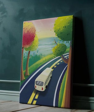Scenic Road Trip with Vibrant Trees and Sunset