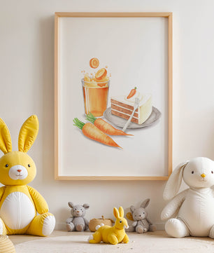 Illustration von Karottenkuchen und Saft mit frischen Karotten