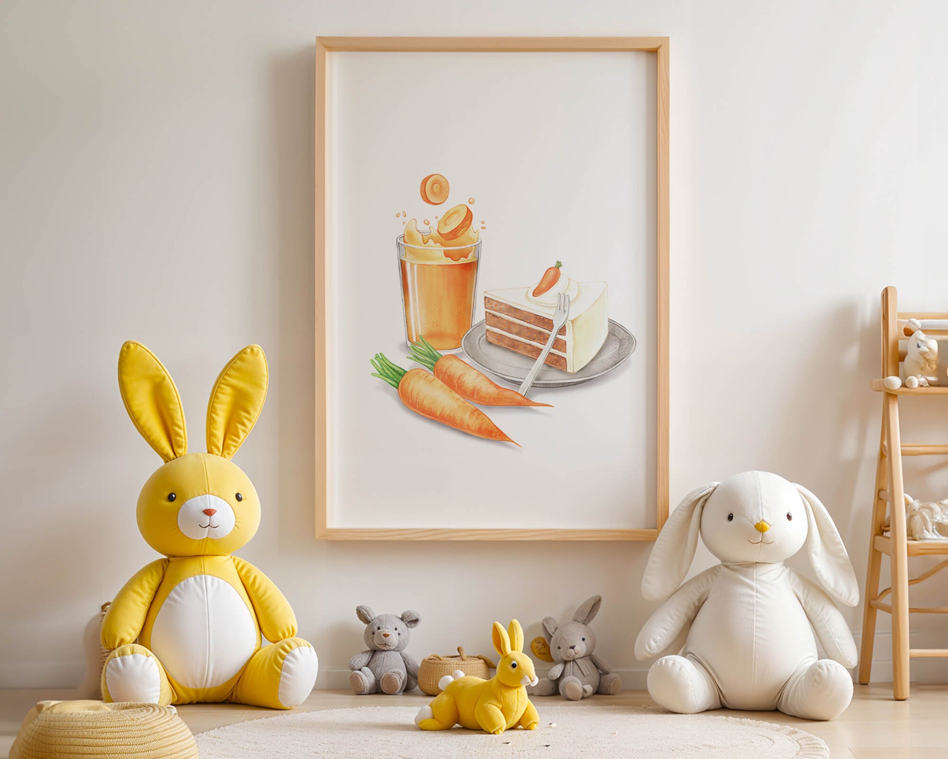 Illustration von Karottenkuchen und Saft mit frischen Karotten
