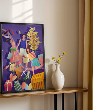 Illustration d'une expérience de shopping joyeuse en famille avec des cadeaux et des couleurs vives