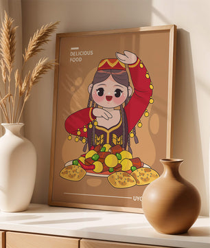 Illustration d’une figure culturelle ouïghoure portant un costume traditionnel et partageant un repas festif