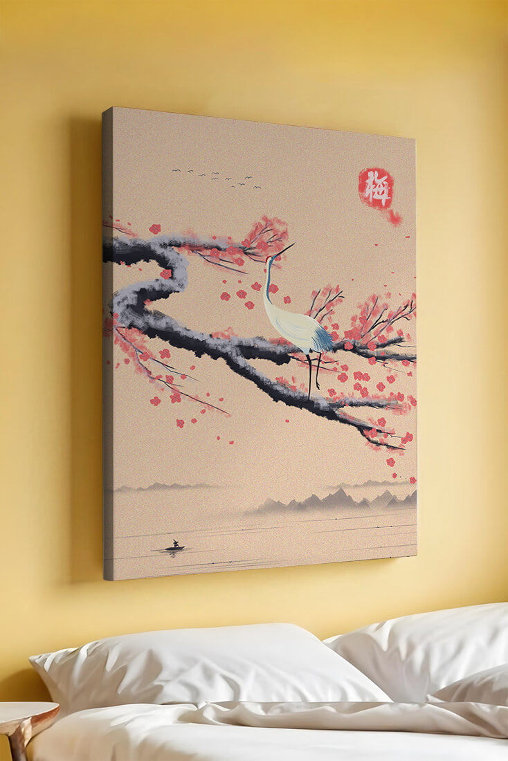 Elegant crane on cherry blossom branch with serene landscape