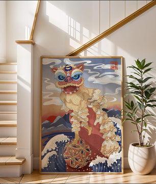 Traditionelle chinesische Löwentanzkunst mit malerischem Hintergrund