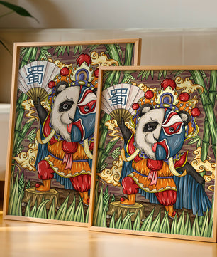 Colorful panda dressed in traditional Chinese opera costume surrounded by bamboo