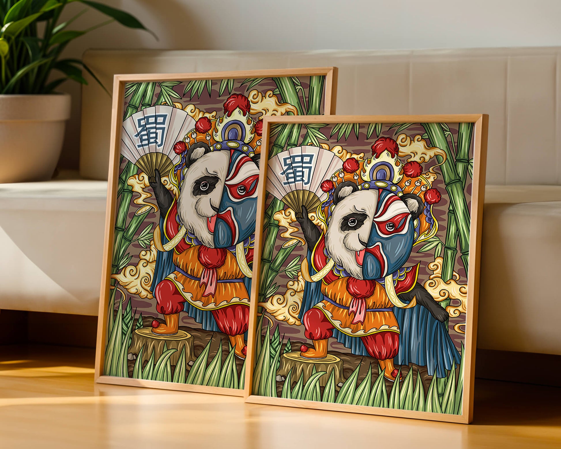 Colorful panda dressed in traditional Chinese opera costume surrounded by bamboo