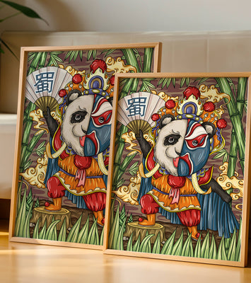 Colorful panda dressed in traditional Chinese opera costume surrounded by bamboo