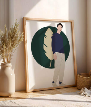 Illustration of a man standing with abstract leaf background