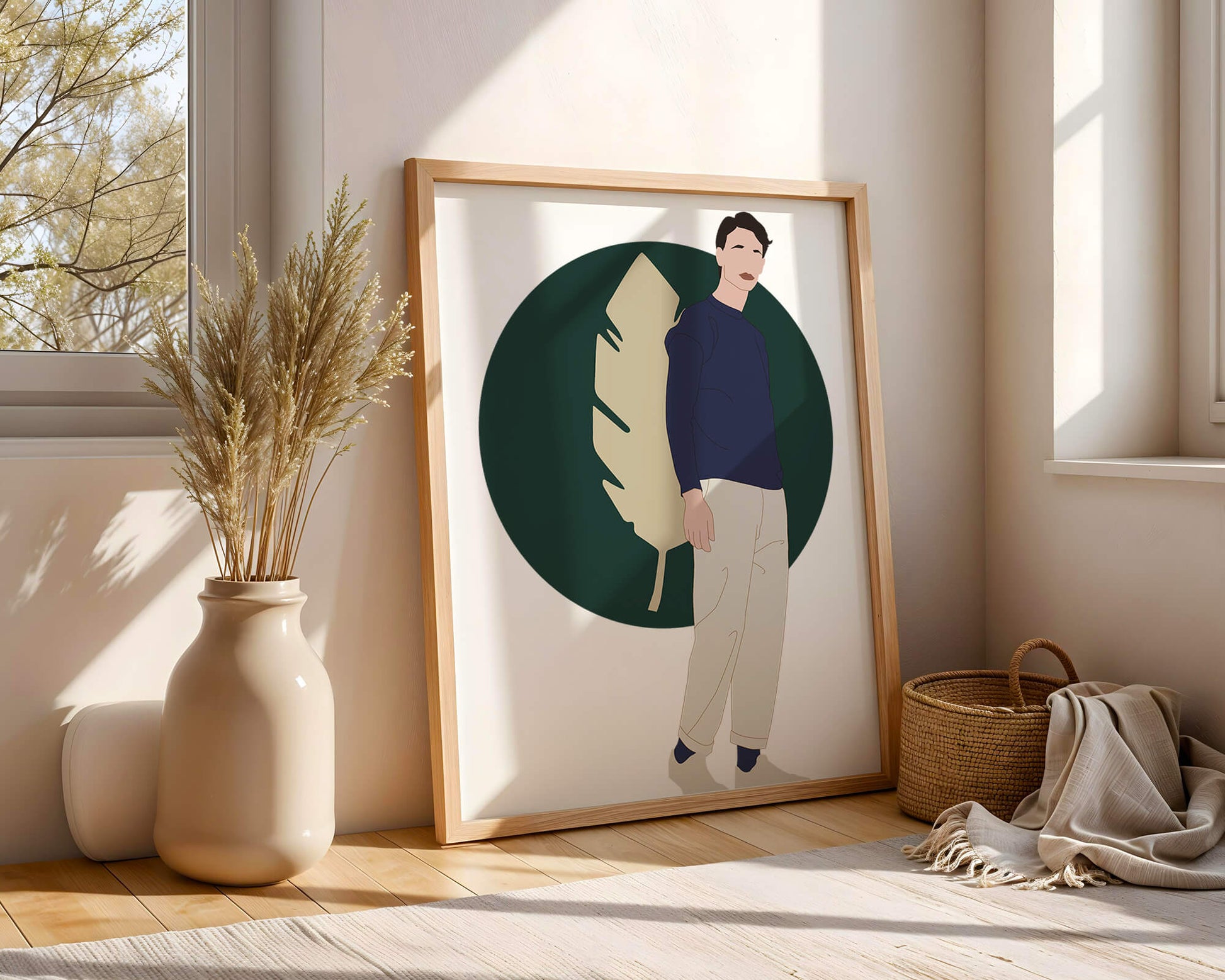 Illustration of a man standing with abstract leaf background