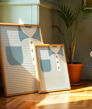 Minimalist artwork featuring striped pattern and abstract shapes