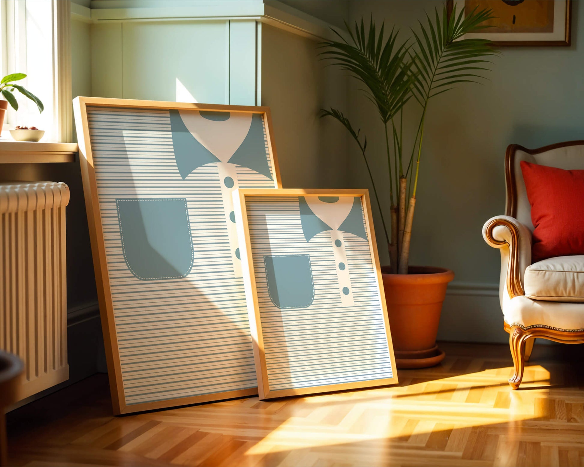 Minimalist artwork featuring striped pattern and abstract shapes
