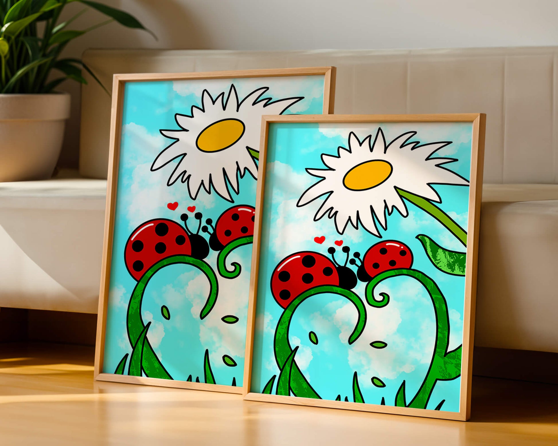 Ladybugs in love beneath a daisy on a bright sky