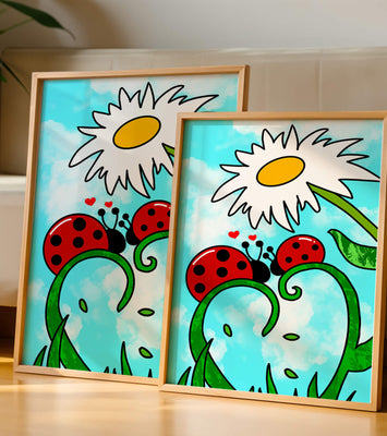 Ladybugs in love beneath a daisy on a bright sky