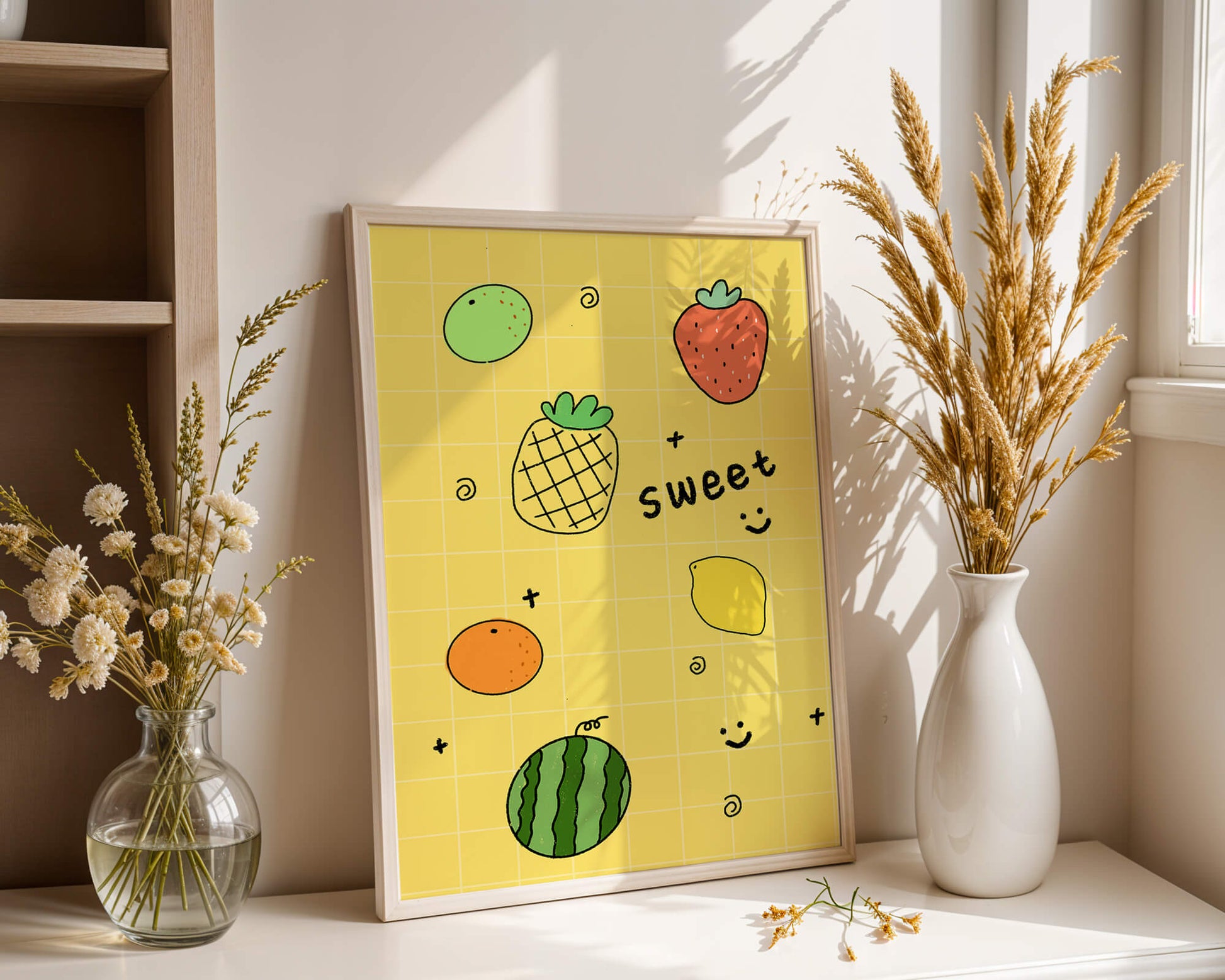 Playful fruit pattern on yellow grid background
