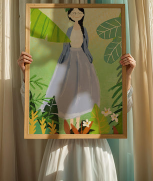 Serene illustration of a woman in nature with tropical leaves
