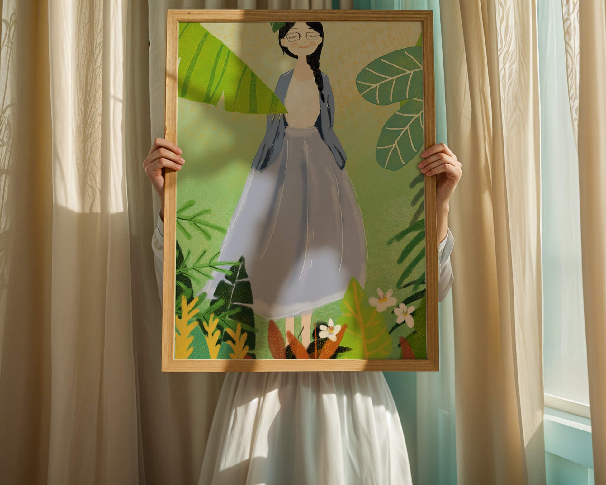 Serene illustration of a woman in nature with tropical leaves