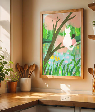 Encantadora ilustración al pastel de una niña y un gato junto a un estanque tranquilo