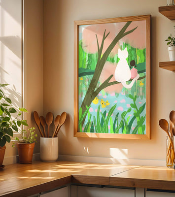 Charming Pastel Illustration of Girl and Cat by a Tranquil Pond