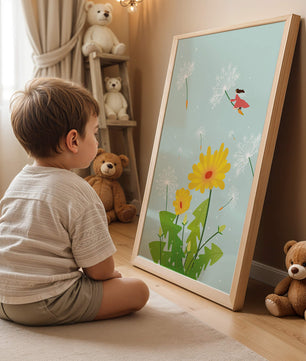 Whimsical illustration of a girl flying with dandelions in a colorful floral scene