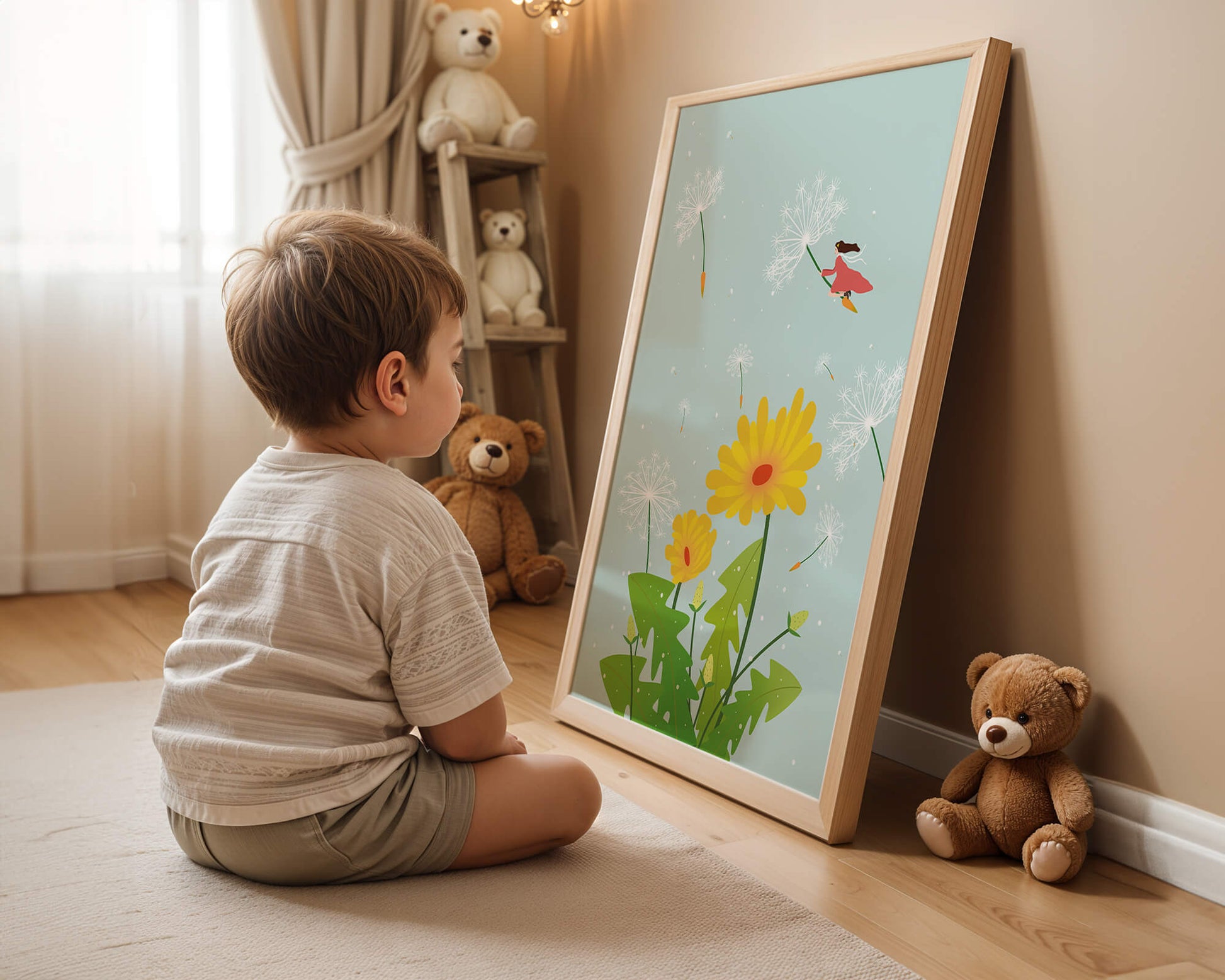 Whimsical illustration of a girl flying with dandelions in a colorful floral scene