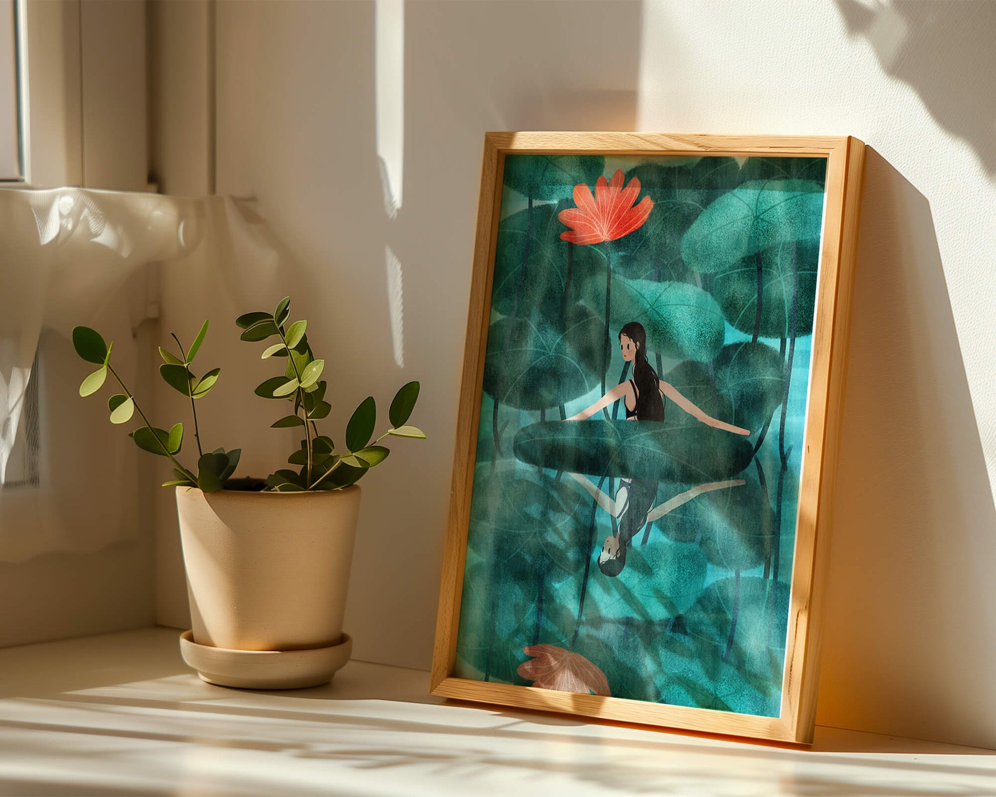 Woman Reflecting among Lotus Leaves and Flowers with a Mirror Image
