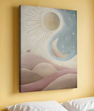 Minimalist landscape with sun, moon, and wolf in pastel hues