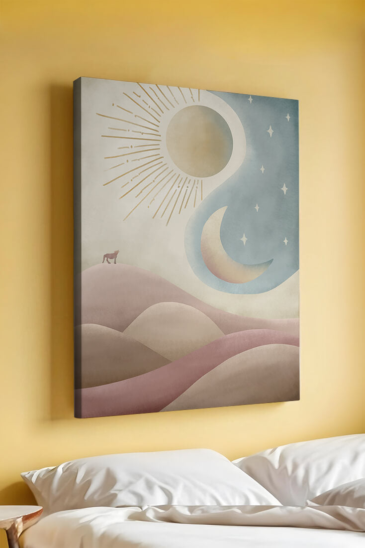 Minimalist landscape with sun, moon, and wolf in pastel hues