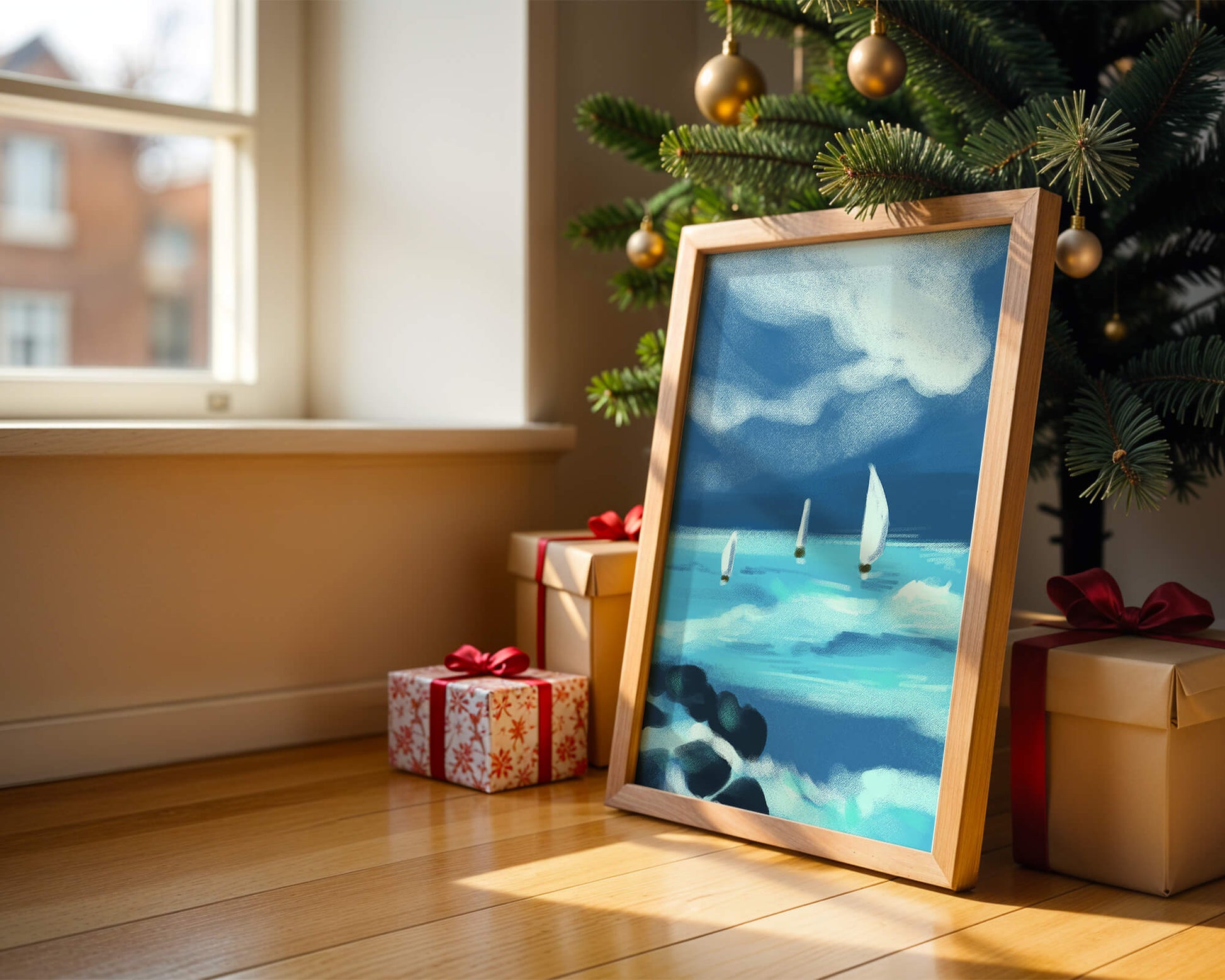 Seascape with sailboats navigating blue waves under a dramatic sky
