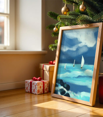 Seascape with sailboats navigating blue waves under a dramatic sky