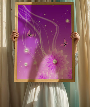 Design floral violet rêveur avec des papillons et des perles