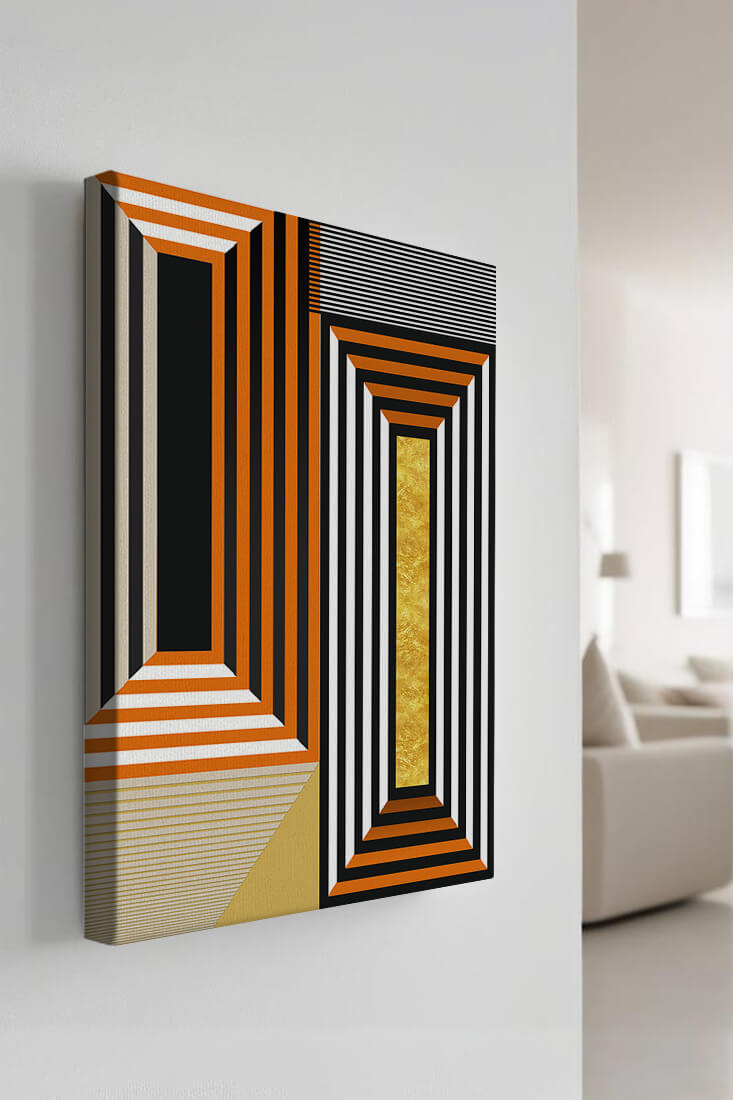 Geometric Abstract Art with Stripes and Gold Element in Orange, Black, and White