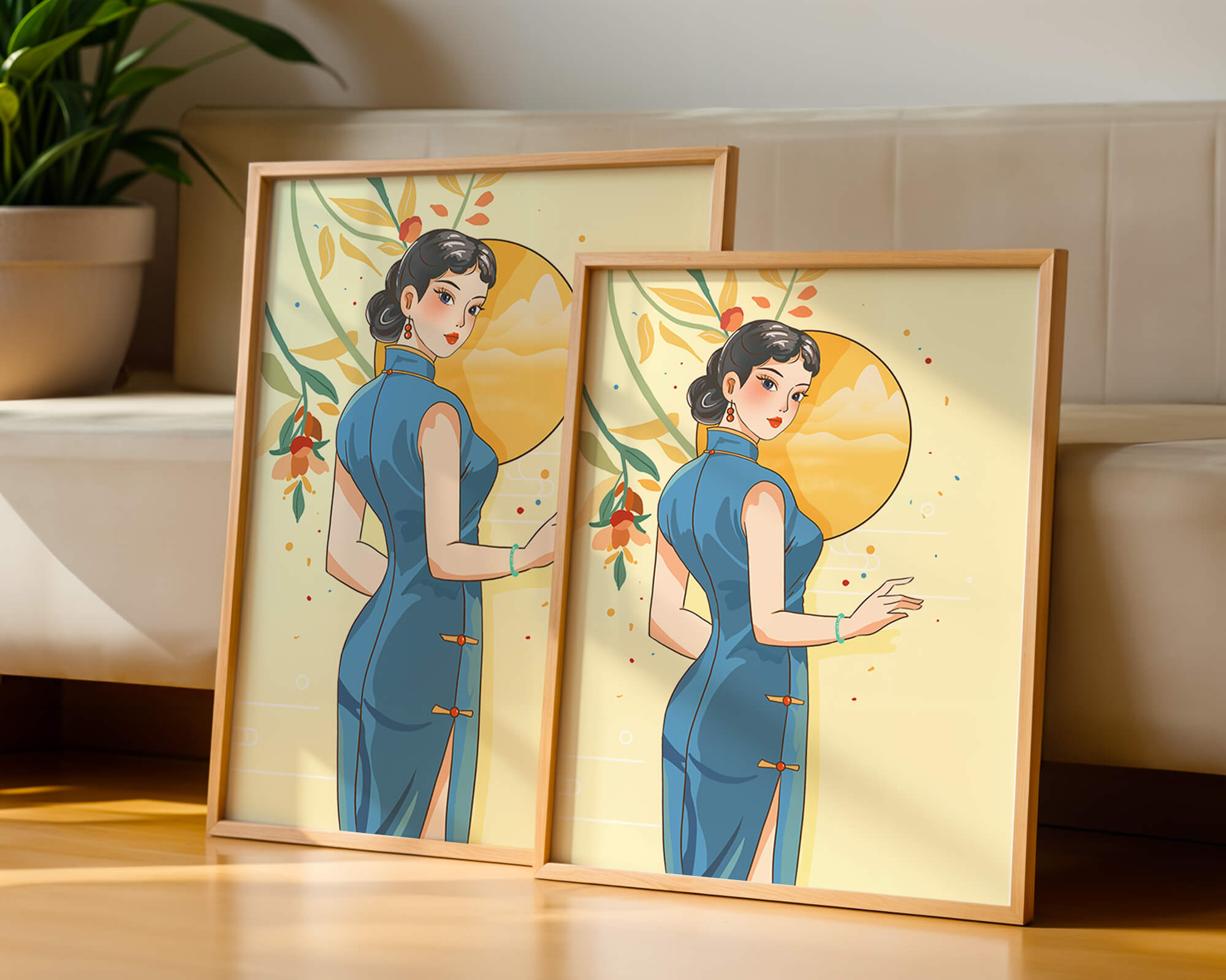 Elegant Woman in Traditional Dress with Floral and Golden Sun Backdrop