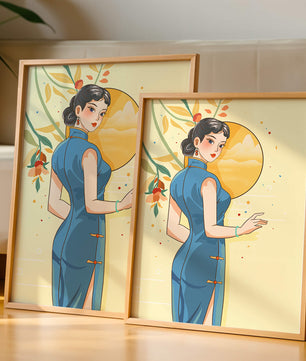 Mujer elegante con vestido tradicional y fondo floral y sol dorado