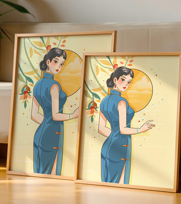 Elegant Woman in Traditional Dress with Floral and Golden Sun Backdrop