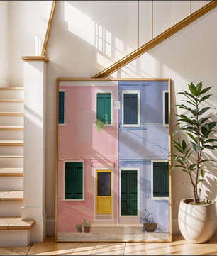 Casas pastel encantadoras con puertas y ventanas coloridas