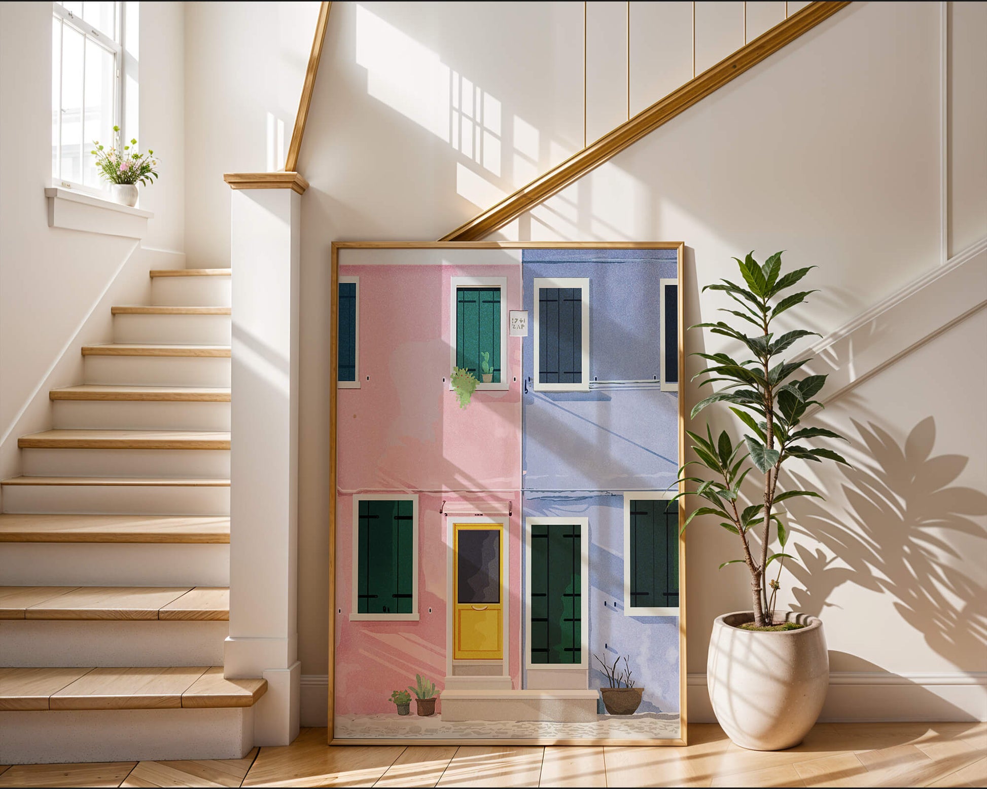 Charming pastel houses with colorful doors and windows