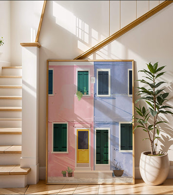 Charming pastel houses with colorful doors and windows