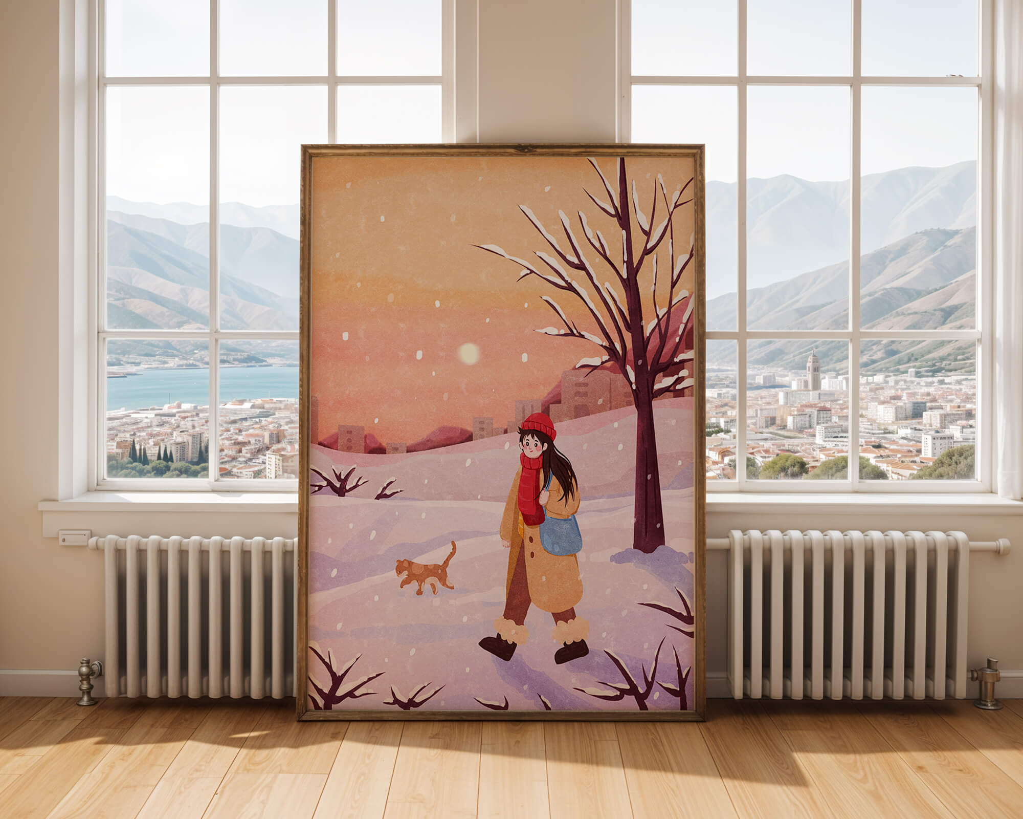 Winter sunset walk with a girl and dog in snowy landscape