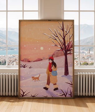 Winter sunset walk with a girl and dog in snowy landscape