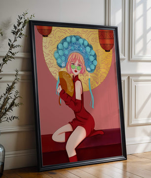 Elegante Illustration einer Frau in traditioneller Kleidung mit einem Fächer