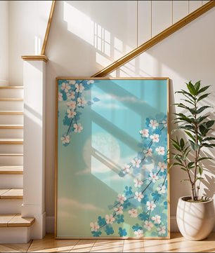 Flores primaverales serenas contra un cielo pastel con suave luz solar