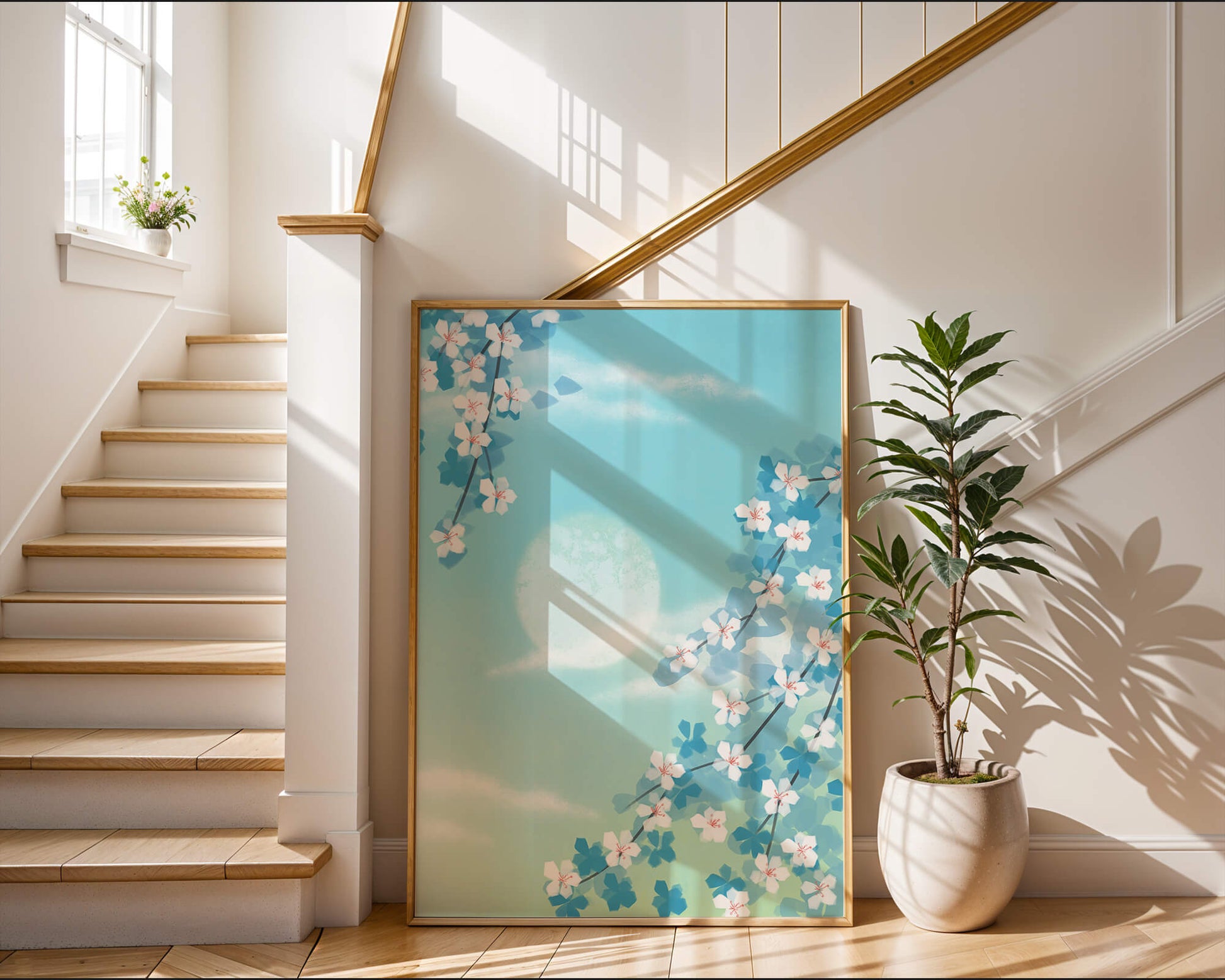 Serene spring blossoms against a pastel sky with gentle sunlight