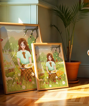 Ilustración de una chica pintando al aire libre rodeada de mariposas y flores