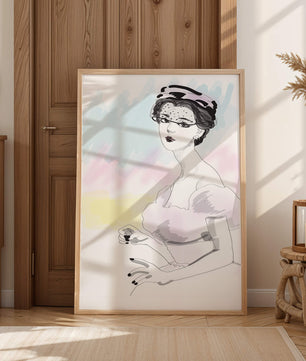 Elegant Woman in Vintage Fashion with Veil Hat and Pastel Background - Mi tienda