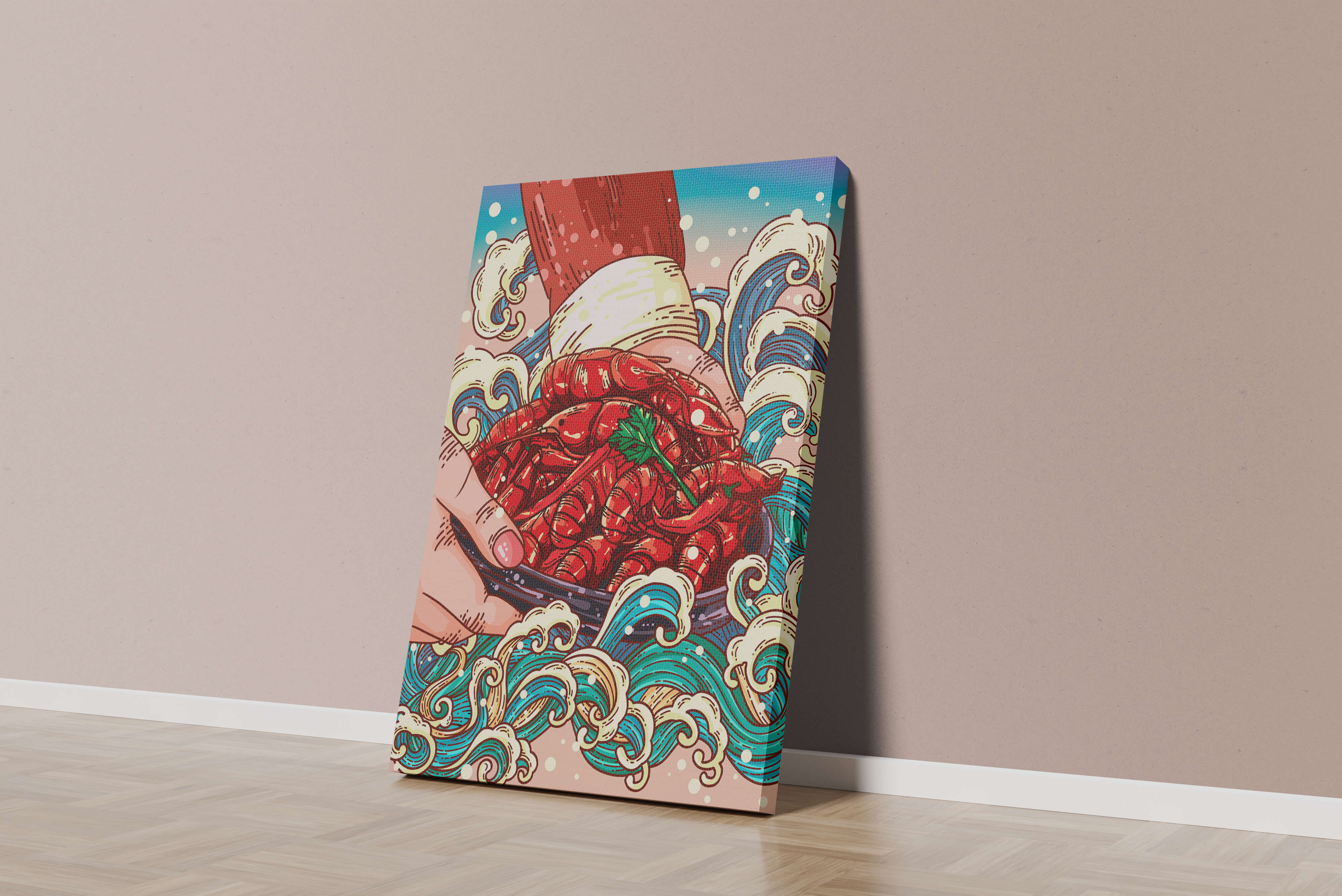 Colorful Cartoon Illustration of Hand Holding Crawfish Over Decorative Waves