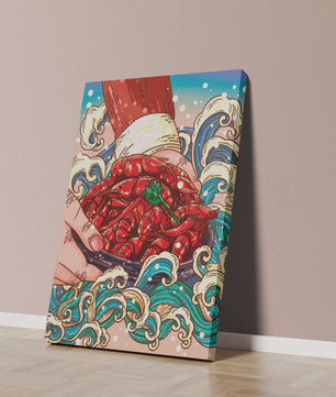 Colorful Cartoon Illustration of Hand Holding Crawfish Over Decorative Waves